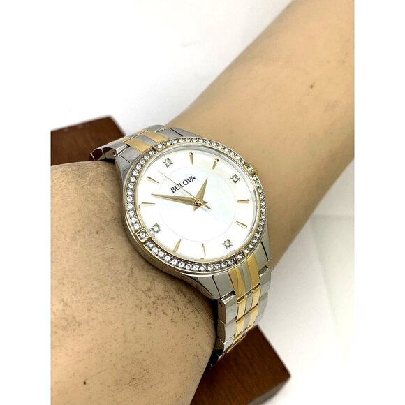 Bulova Women's Watch 98L273 Mother of Pearl Dial Two Tone Steel Gemmed 32mm - Picture 6 of 14